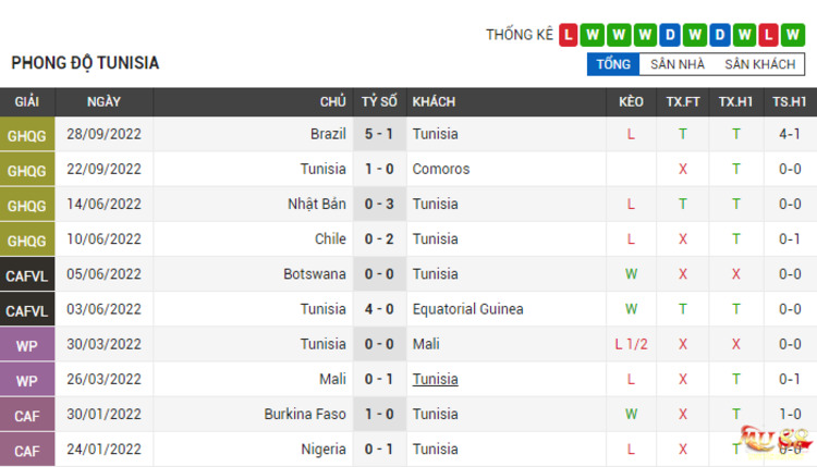 Phong độ thi đấu của Tunisia