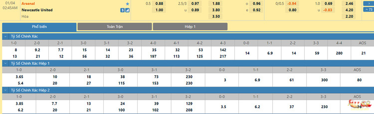 Soi kèo Châu Á Arsenal vs Newcastle